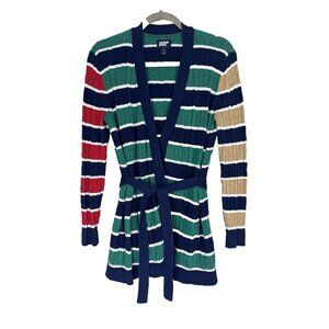 Lands End Women Small Cableknit Cardigan Stripe Academia Preppy Coastal Nautical